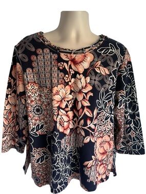 Alfred Dunner Navy and Peach Floral Scoop Neck Short Sleeve Top